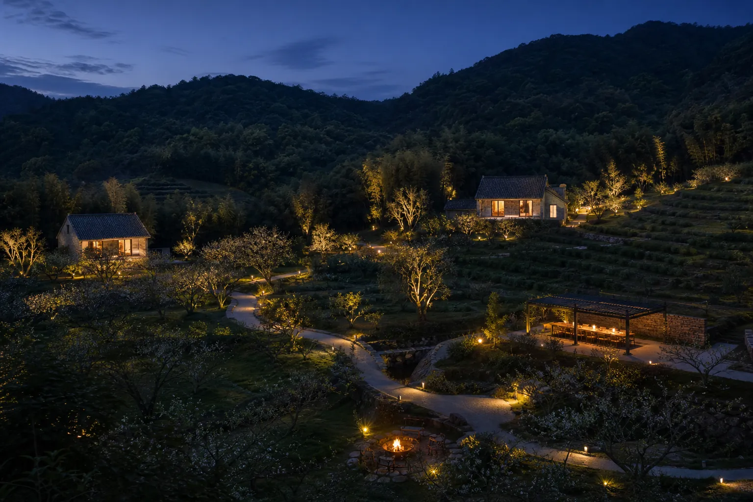 田园牧歌山谷夜景概念效果图